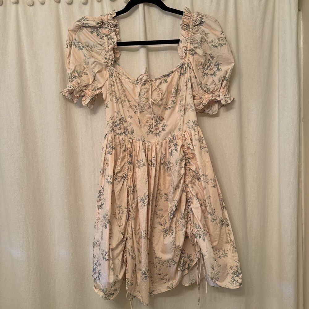 Selkie Puff-Sleeve Romantics Mini Dress Cream Floral Sz M